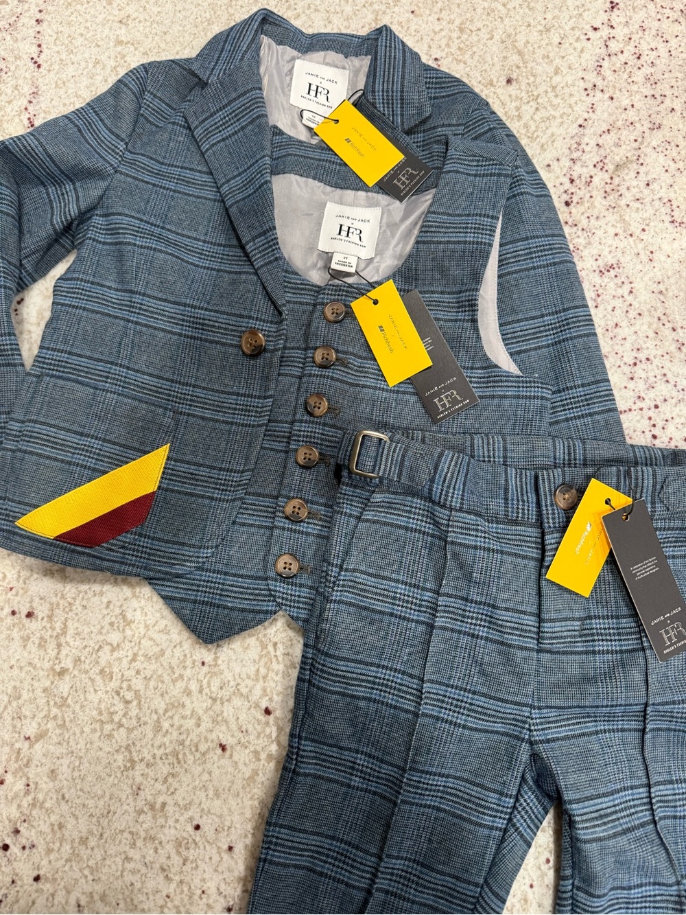 Janie and Jack Plaid Three-Piece Suit in Slate Blue